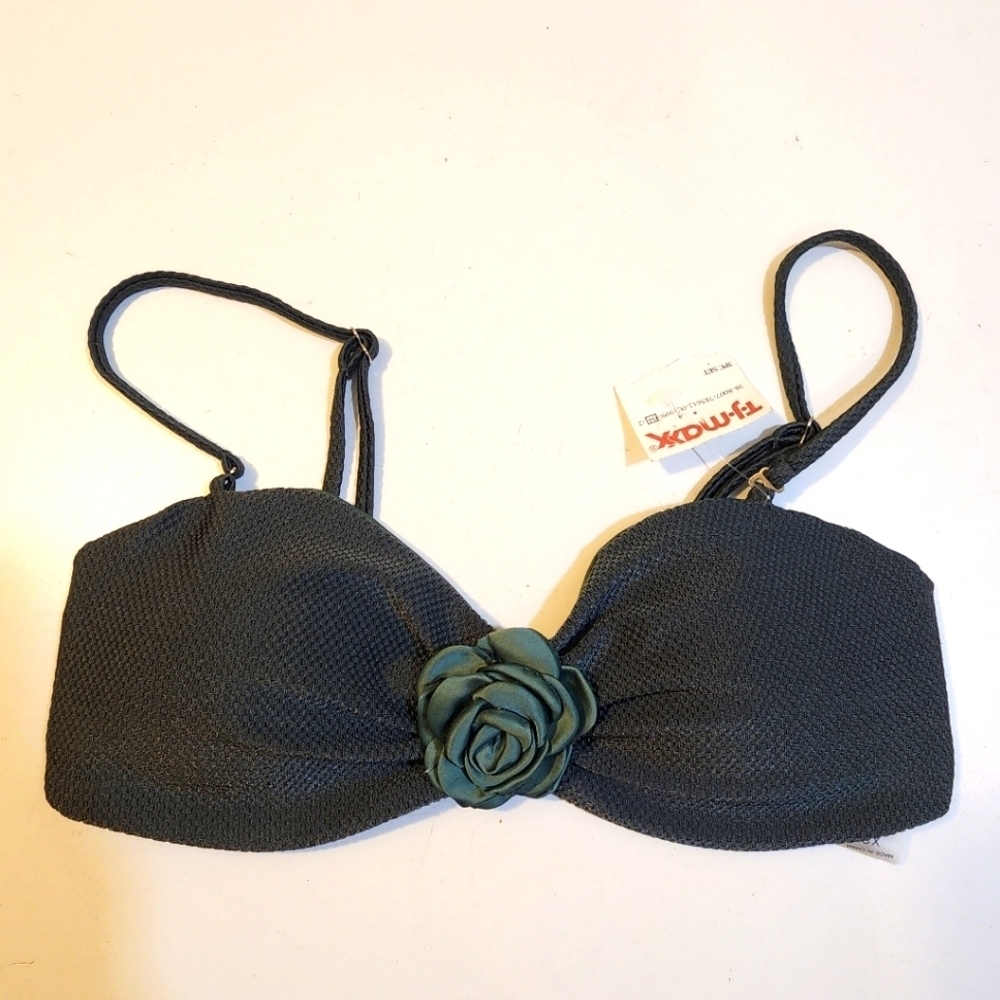 Tinibikini Swimwear Dark Green Bikini Top with Floral Accent XS
